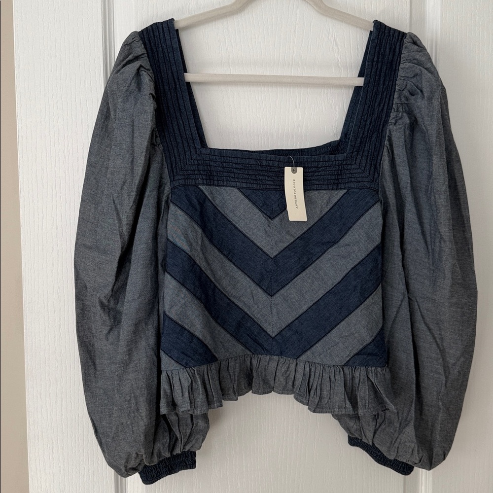 Anthropologie Blue Chevron Square Neck Blouse  size XL
